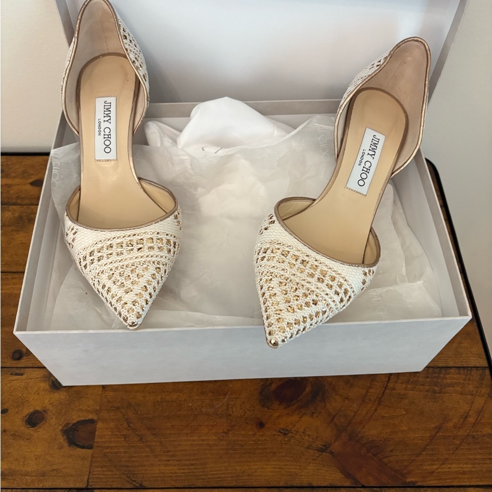 Jimmy Choo Addison 85 cream and gold pumps